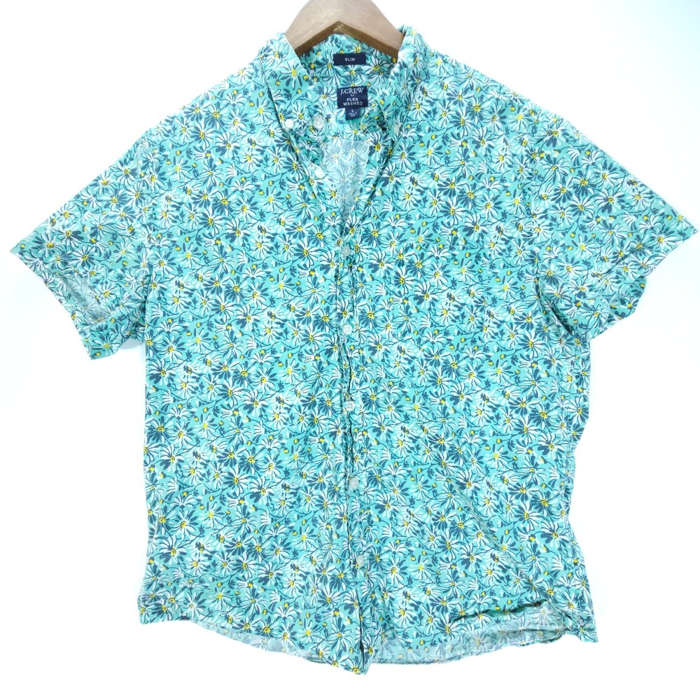 Streetwear J.Crew Shirt Men L Teal Daisy Floral Slim Flex Short Sleeve Button Up